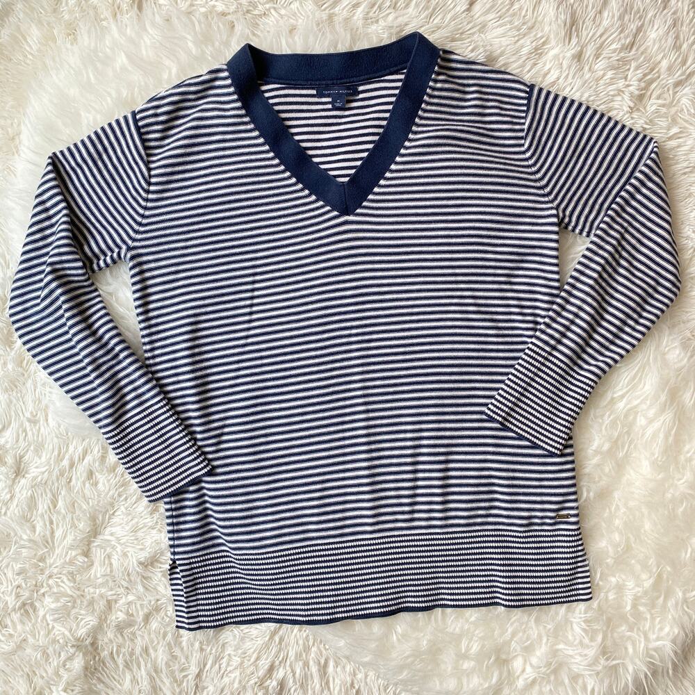 Tommy Hilfiger 100% Cotton Navy & White Stripe V-Neck, size M